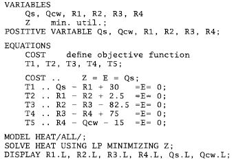 GAMS problem input (Seider, 2004)